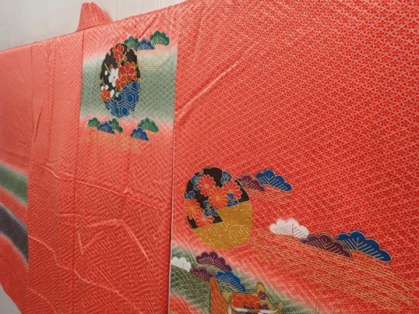 Photo2: 6520T10z630 Vintage Japanese Kimono Silk Girl's  Royal cart Red (2)