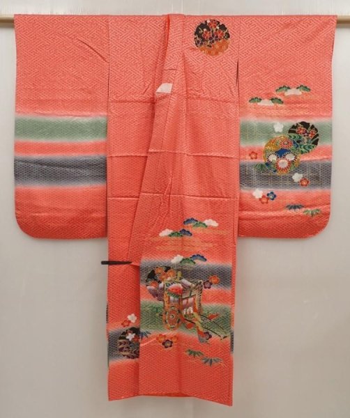Photo6: 6520T10z630 Vintage Japanese Kimono Silk Girl's  Royal cart Red (6)