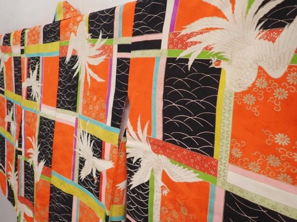 Photo2: 6520T11z850 Vintage Japanese Kimono Silk Girl's  Phoenix Tomato red (2)
