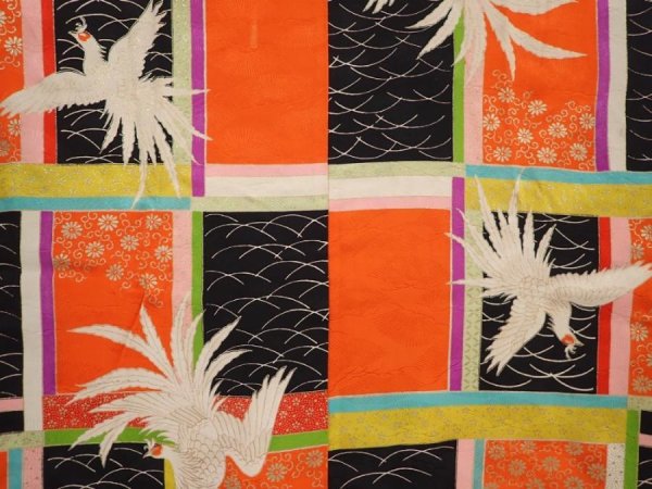 Photo3: 6520T11z850 Vintage Japanese Kimono Silk Girl's  Phoenix Tomato red (3)