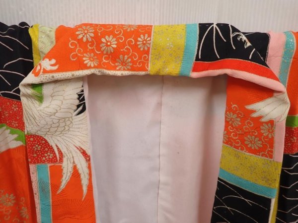 Photo5: 6520T11z850 Vintage Japanese Kimono Silk Girl's  Phoenix Tomato red (5)