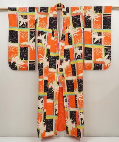 Photo6: 6520T11z850 Vintage Japanese Kimono Silk Girl's  Phoenix Tomato red (6)