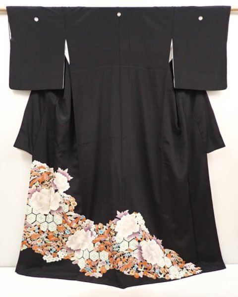 Photo1: 6520T13z1190  Japanese Kimono Silk TOMESODE Peony Black (1)