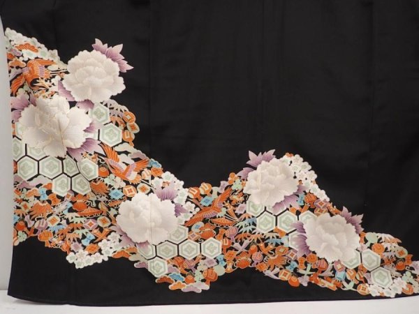 Photo5: 6520T13z1190  Japanese Kimono Silk TOMESODE Peony Black (5)
