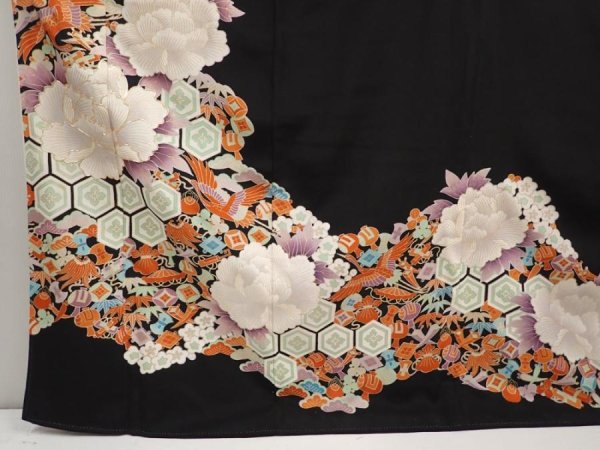 Photo6: 6520T13z1190  Japanese Kimono Silk TOMESODE Peony Black (6)