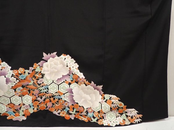 Photo7: 6520T13z1190  Japanese Kimono Silk TOMESODE Peony Black (7)