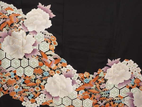 Photo8: 6520T13z1190  Japanese Kimono Silk TOMESODE Peony Black (8)