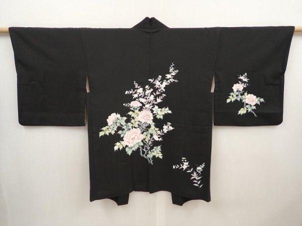 Photo1: 6521T01z610 Vintage Japanese Kimono Silk HAORI Peony Black (1)