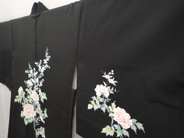 Photo2: 6521T01z610 Vintage Japanese Kimono Silk HAORI Peony Black (2)