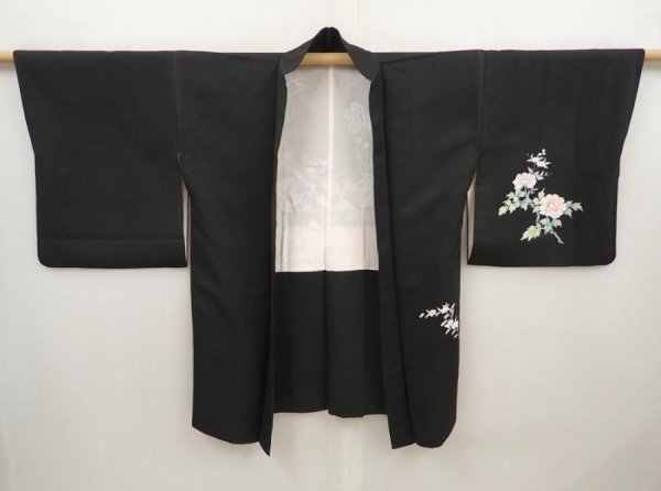 Photo5: 6521T01z610 Vintage Japanese Kimono Silk HAORI Peony Black (5)