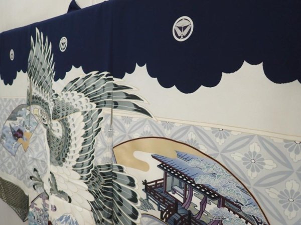 Photo2: 6521T02z370 Vintage Japanese Kimono Synthetic Boy's  Hawk Dark navy (2)