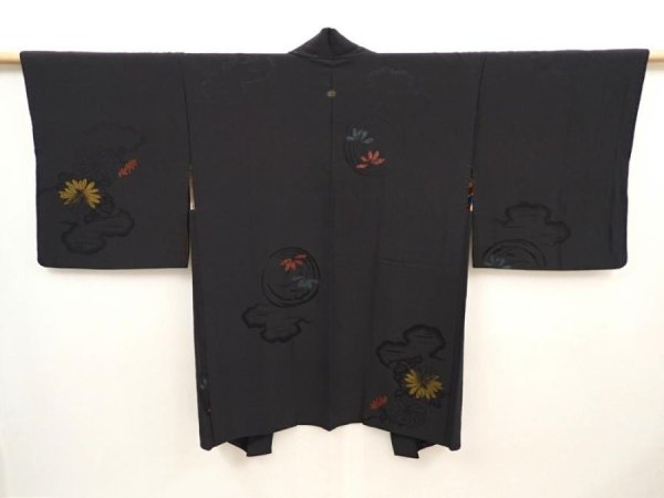 Photo3: 6521T03z530 Vintage Japanese Kimono Silk HAORI Chrysanthemum Black (3)