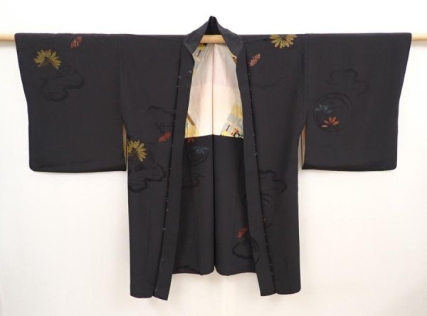 Photo6: 6521T03z530 Vintage Japanese Kimono Silk HAORI Chrysanthemum Black (6)