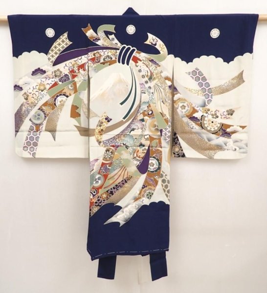 Photo1: 6521T04z340 Vintage Japanese Kimono Synthetic Boy's  Tabane-noshi Navy (1)
