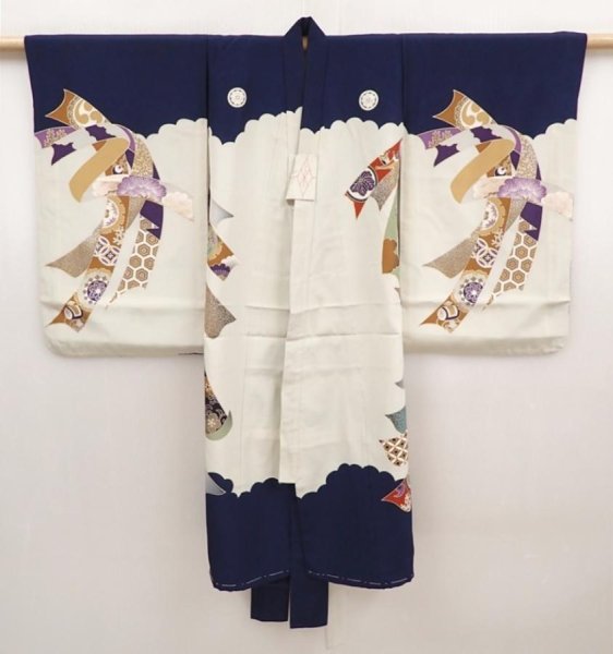 Photo8: 6521T04z340 Vintage Japanese Kimono Synthetic Boy's  Tabane-noshi Navy (8)