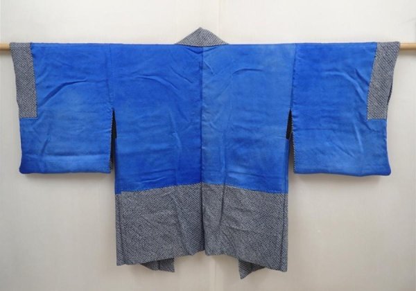 Photo6: 6521T05z400 Vintage Japanese Kimono Silk SHIBORI HAORI  Steel blue (6)