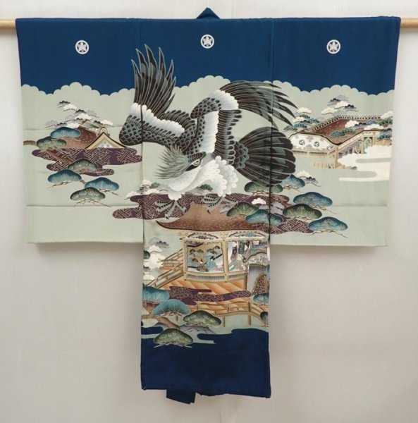 Photo1: 6521T06z320 Vintage Japanese Kimono Synthetic Boy's  Hawk Dark cyan blue (1)