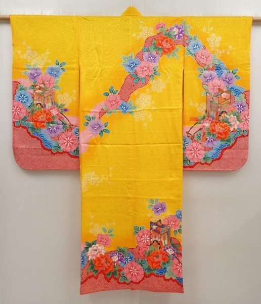 Photo1: 6521T08z570  Japanese Kimono Synthetic Girl's  Royal cart Dark yellow (1)