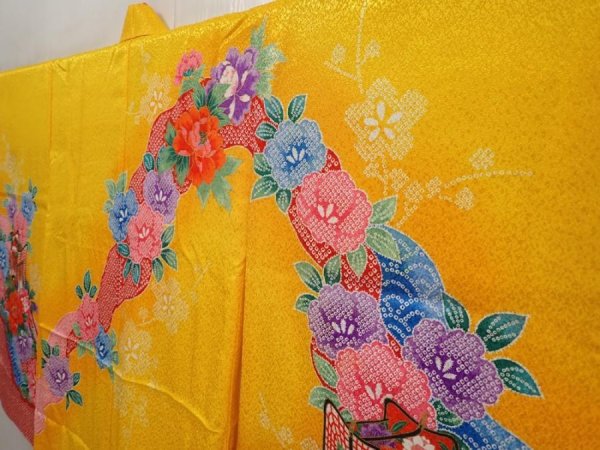 Photo2: 6521T08z570  Japanese Kimono Synthetic Girl's  Royal cart Dark yellow (2)