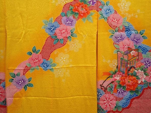 Photo3: 6521T08z570  Japanese Kimono Synthetic Girl's  Royal cart Dark yellow (3)