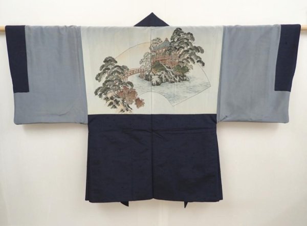 Photo1: 6522T04z600 Vintage Japanese Kimono Silk Men's HAORI Pine Dark navy (1)