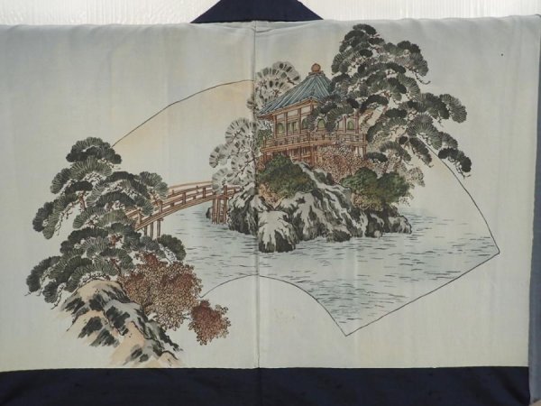 Photo2: 6522T04z600 Vintage Japanese Kimono Silk Men's HAORI Pine Dark navy (2)