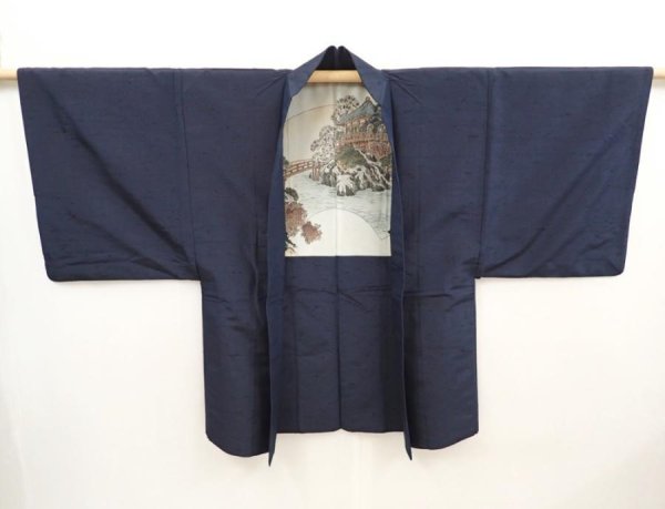 Photo6: 6522T04z600 Vintage Japanese Kimono Silk Men's HAORI Pine Dark navy (6)
