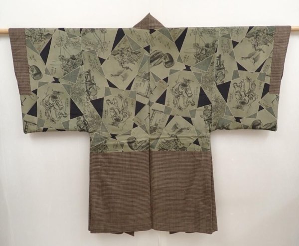 Photo1: 6522T05z440 Vintage Japanese Kimono Silk Men's HAORI  Brown-Gray (1)