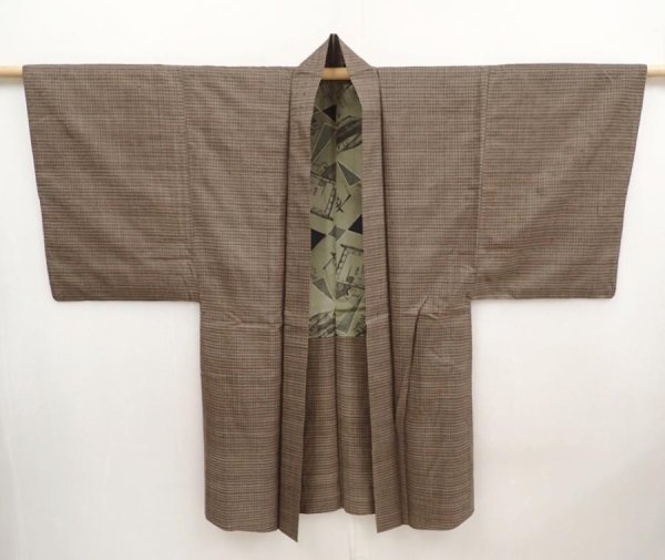 Photo6: 6522T05z440 Vintage Japanese Kimono Silk Men's HAORI  Brown-Gray (6)