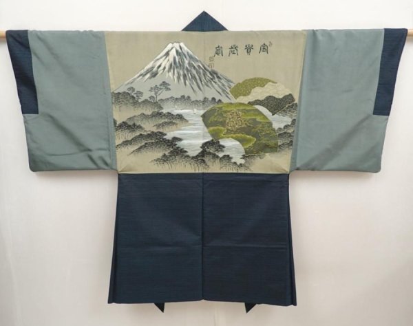 Photo1: 6522T06z380 Vintage Japanese Kimono Silk Men's HAORI Mt.Fuji Black (1)