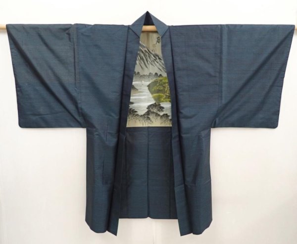 Photo5: 6522T06z380 Vintage Japanese Kimono Silk Men's HAORI Mt.Fuji Black (5)