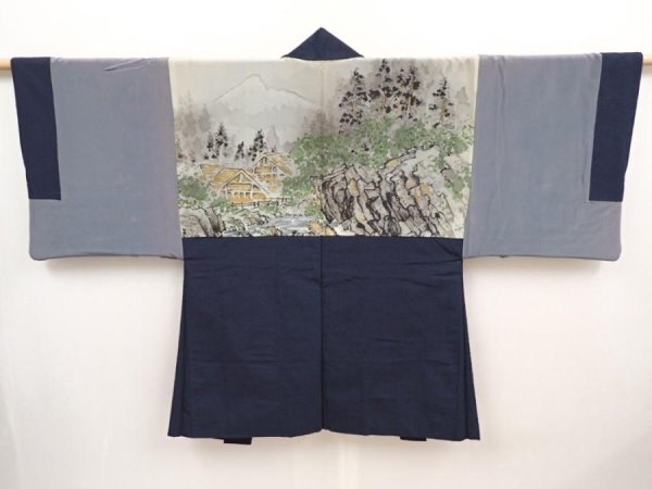 Photo1: 6522T02z610 Vintage Japanese Kimono Silk Men's HAORI Scenery Dark navy (1)