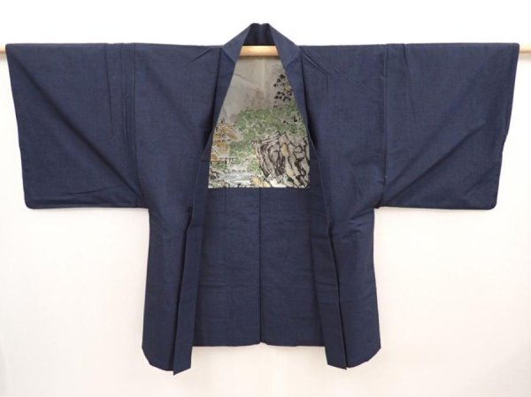 Photo6: 6522T02z610 Vintage Japanese Kimono Silk Men's HAORI Scenery Dark navy (6)