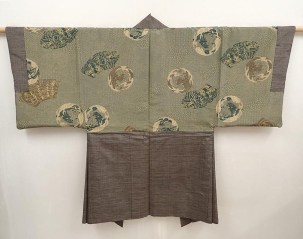 Photo1: 6522T03z450 Vintage Japanese Kimono Silk Men's HAORI Dragon Brown-Gray (1)