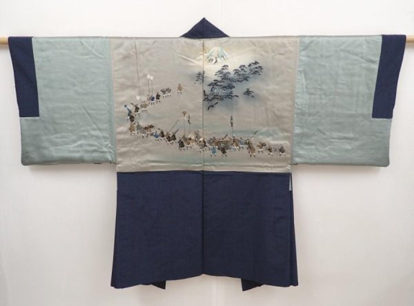 Photo1: 6522T08z510 Vintage Japanese Kimono Silk Men's HAORI Daimyogyoretsu Navy (1)