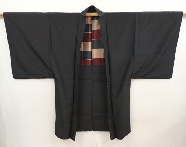 Photo1: 6522T09z460 Vintage Japanese Kimono Silk Men's HAORI  Black (1)