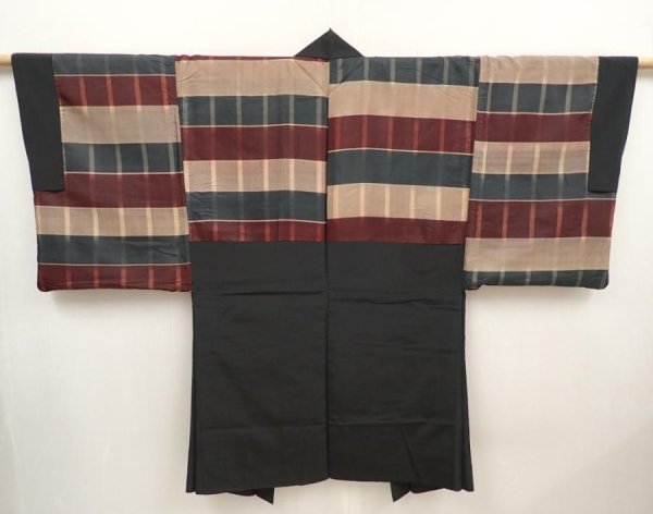 Photo2: 6522T09z460 Vintage Japanese Kimono Silk Men's HAORI  Black (2)
