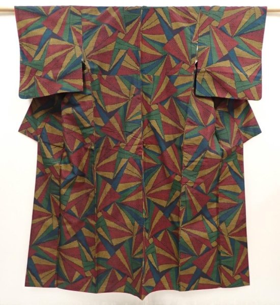 Photo1: 6522T11z850 Vintage Japanese Kimono Silk TSUMUGI  Dark red  Yellow ochre (1)