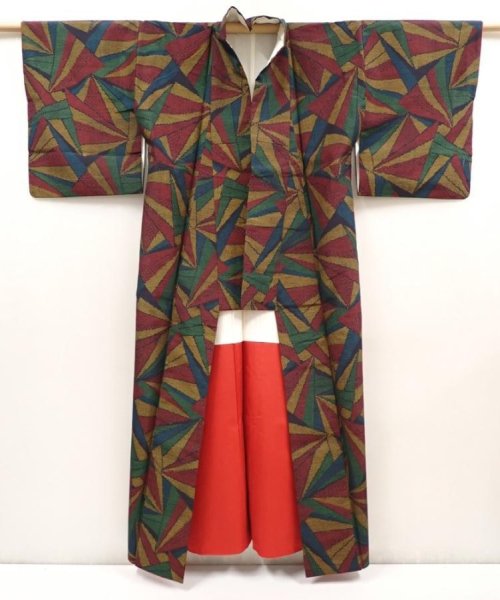 Photo8: 6522T11z850 Vintage Japanese Kimono Silk TSUMUGI  Dark red  Yellow ochre (8)