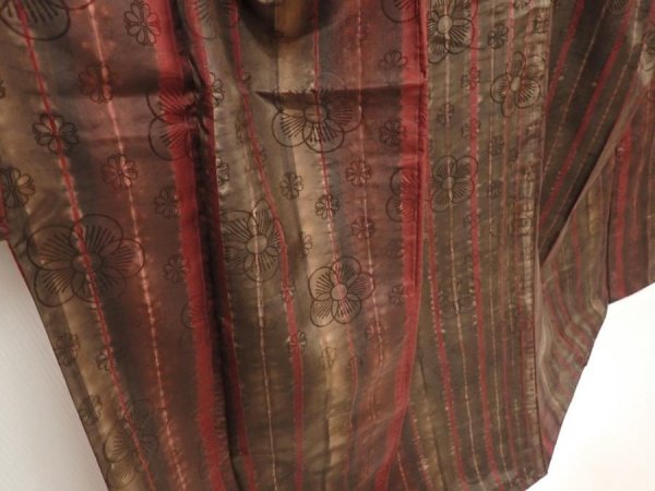 Photo3: 6522T13z750 Vintage Japanese Kimono Silk TSUMUGI Plum blossom Brown-Gray (3)