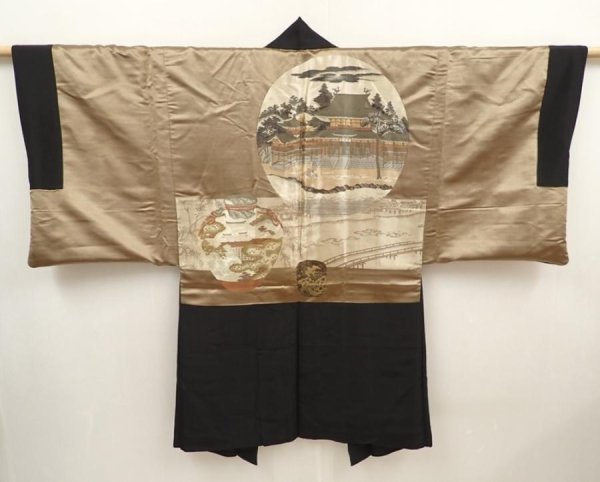 Photo1: 6525T02z620 Vintage Japanese Kimono Silk Men's HAORI By?d?-in Black (1)