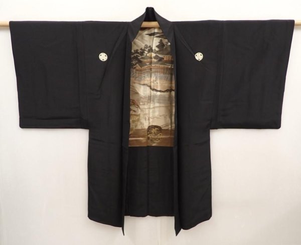 Photo6: 6525T02z620 Vintage Japanese Kimono Silk Men's HAORI By?d?-in Black (6)