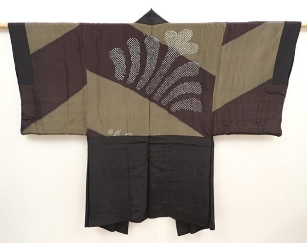 Photo1: 6525T03z490 Vintage Japanese Kimono Silk Men's HAORI  Black (1)