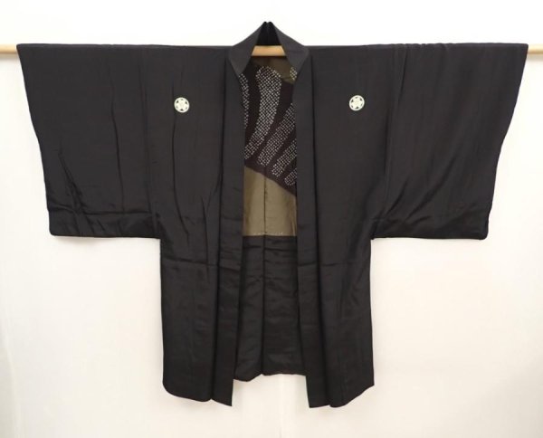 Photo5: 6525T03z490 Vintage Japanese Kimono Silk Men's HAORI  Black (5)