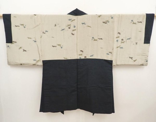 Photo1: 6525T04z640 Vintage Japanese Kimono Silk Men's HAORI Horse Dark green-gray (1)
