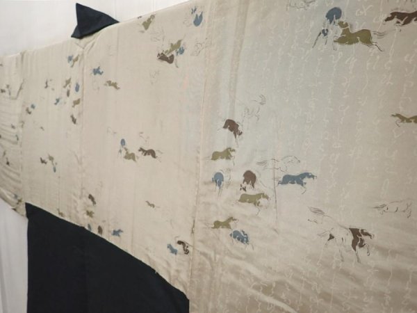 Photo2: 6525T04z640 Vintage Japanese Kimono Silk Men's HAORI Horse Dark green-gray (2)