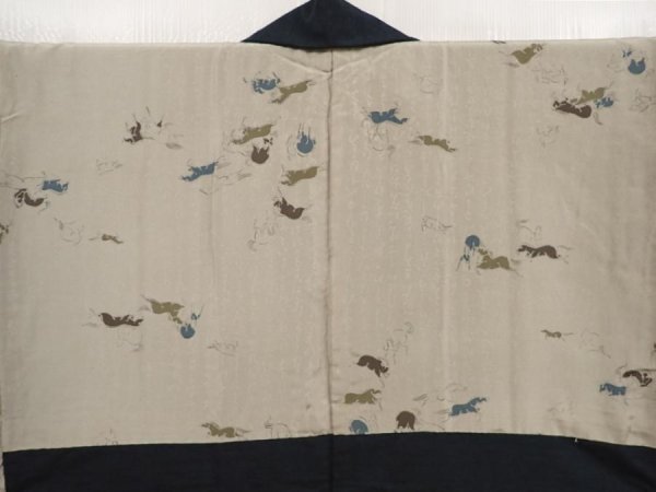 Photo3: 6525T04z640 Vintage Japanese Kimono Silk Men's HAORI Horse Dark green-gray (3)