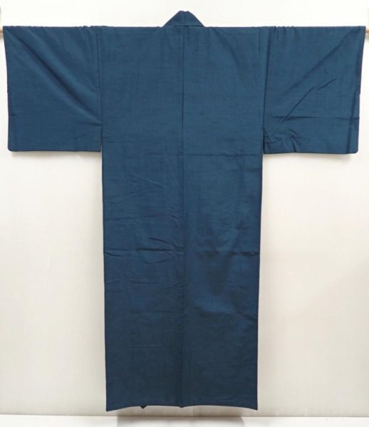 Photo1: 6525T05z950 Vintage Japanese Kimono Silk Men's  Plain Dark cyan blue (1)