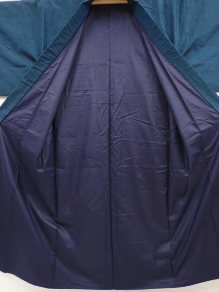 Photo7: 6525T05z950 Vintage Japanese Kimono Silk Men's  Plain Dark cyan blue (7)