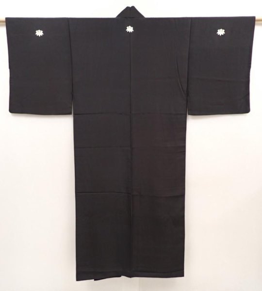 Photo1: 6525T07z600 Vintage Japanese Kimono Silk Men's  Plain Black (1)